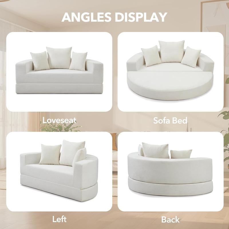 Round Boneless Couch, Corduroy Upholstered Folding Convertible Sofa Bed with Pillows, 2-in-1 Futon Sofa Bed with Half-Circle Design, Comfy Loveseat for Living Room, Apartment (Beige)