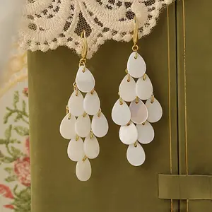 BeadBreath Women's 1-Pair Faux Shell Luster Tassel Earrings - Gold-Tone Waterfall Drop, Spring-Summer Statement Jewelry, Earring for Women