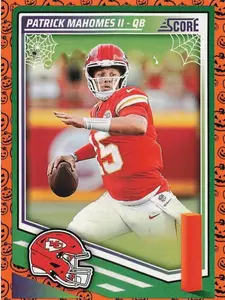 Panini 2025 Score Football Patrick Mahomes II #100 Card Chiefs Uniform Halloween Pumpkin Design Collectible