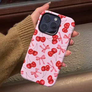 Pink Cherry & Bow Pattern Phone Case ,Shockproof Rugged Cover Dual Layer Soft TPU Bumper Hard Shell Design for iPhone 11 12 13 14 15 16 17 Pro Max Plus Air Cute Girly Magnetic MagSafe