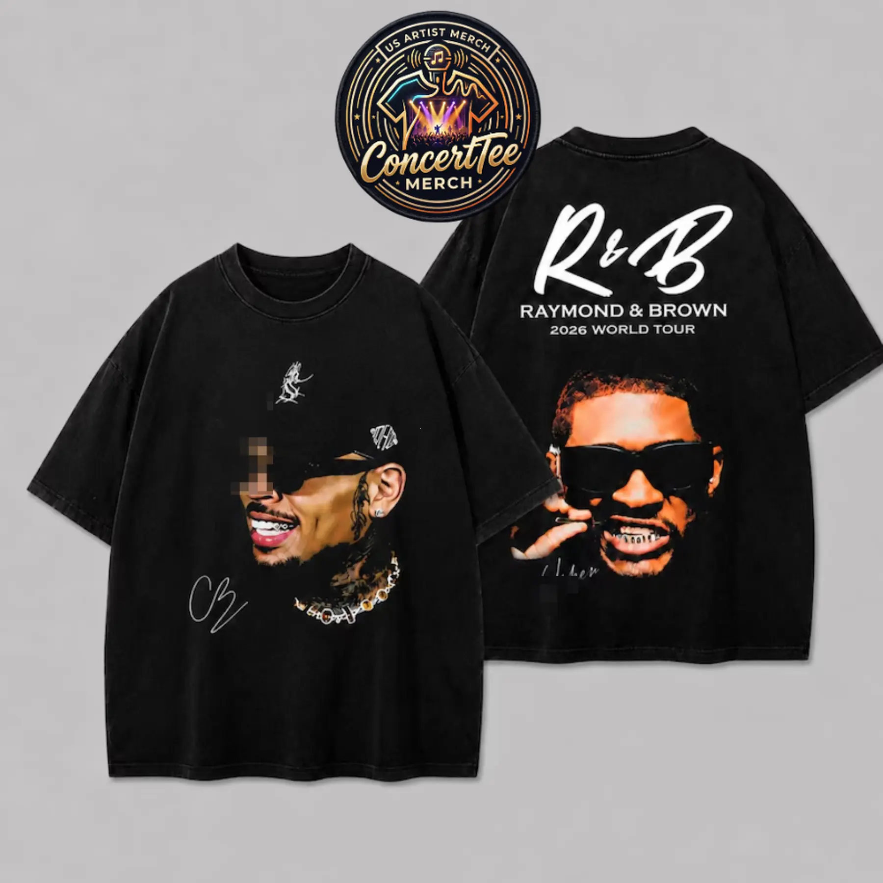 [FREE SHIP] Raymond & Brown The R&B Tour Gold Rhinestone Graphic T-Shirt, Luxury Soul Concert Fan Tee, Tour Dates Back Print, Black Oversized Music Streetwear, Double Sided Duo Merch Gift