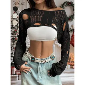 Womens Ripped Crochet Sweaters Hollow Out Boat Neck Pullover Tops Long Sleeve Crop Shabby Cutout Sheer Knit Fall  Beach Cover Ups