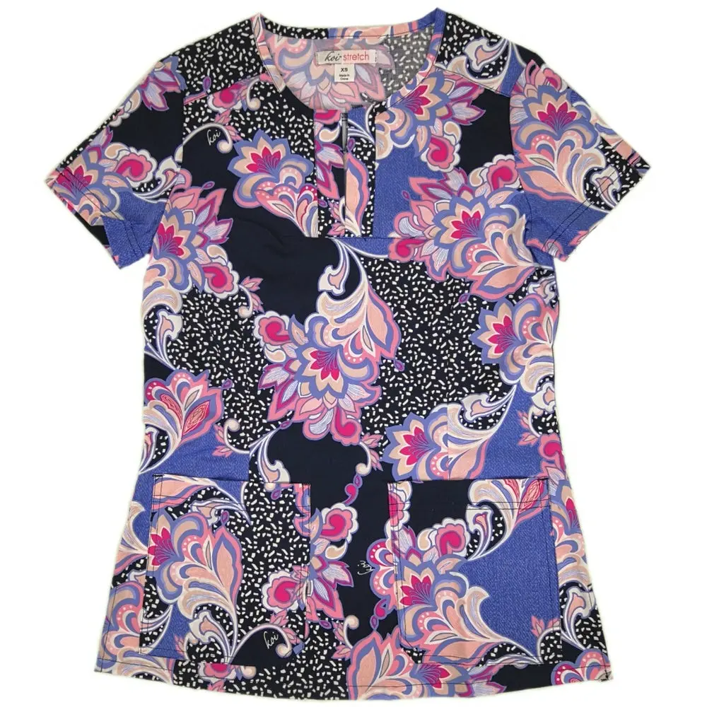 Koi Tanya Women's Stretch Polyester-Spandex Fashion Scrub Top - Romantic Floral Style, Medical Work Uniforms, Fabric