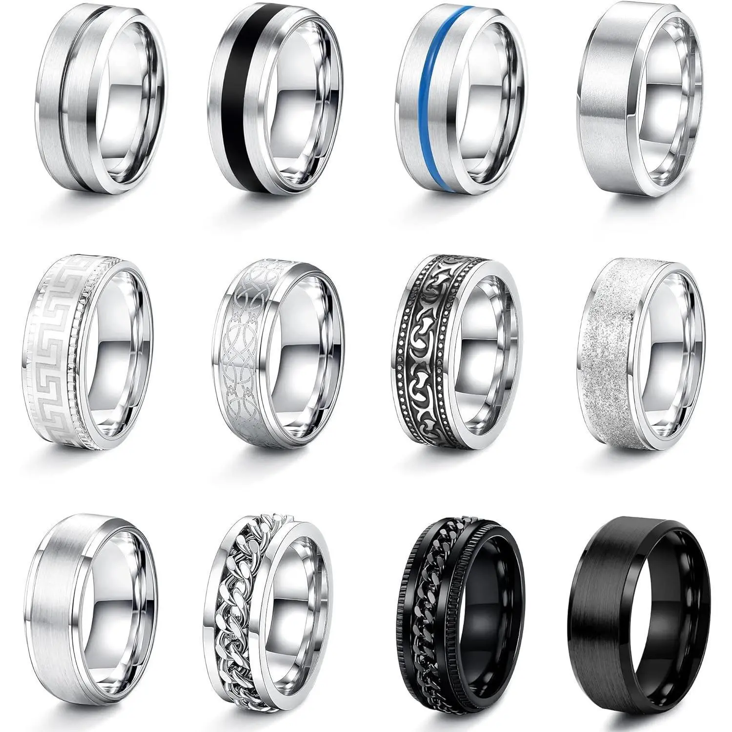 Cassieca Men's 12pcs 8mm Stainless Steel Stackable Rings Set, Matte & Polished Bands, Vintage/Chain/Bottle Opener Designs, Gift-Ready, Sizes 7-13, Ideal for Men's Jewelry Daily Accessories