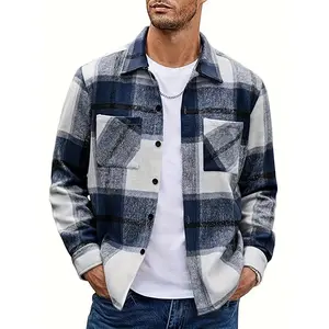 Men's Thick Checked Collared Longsleeve Flannel Shirt Jacket - Polyester-Cotton Blend, Warm, Casual, Pocket-Equipped Sports Outerwear for Outdoor Activities