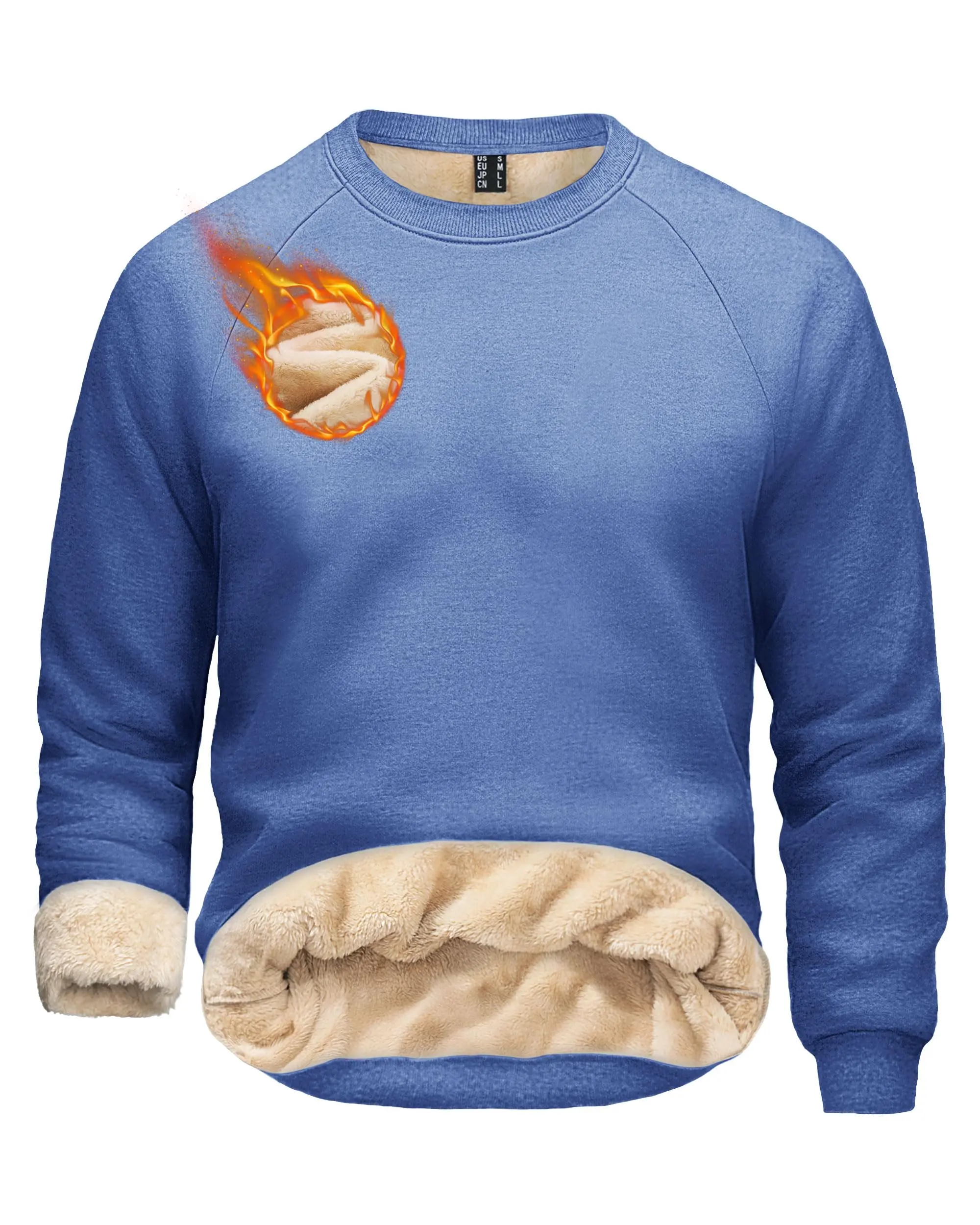 Men's Sherpa-Lined Crewneck Sweatshirt, Heavy-Weight Polyester Fleece Pullover, Thick Natural Cotton Winter Warm Tops with Plain Hem, Layer