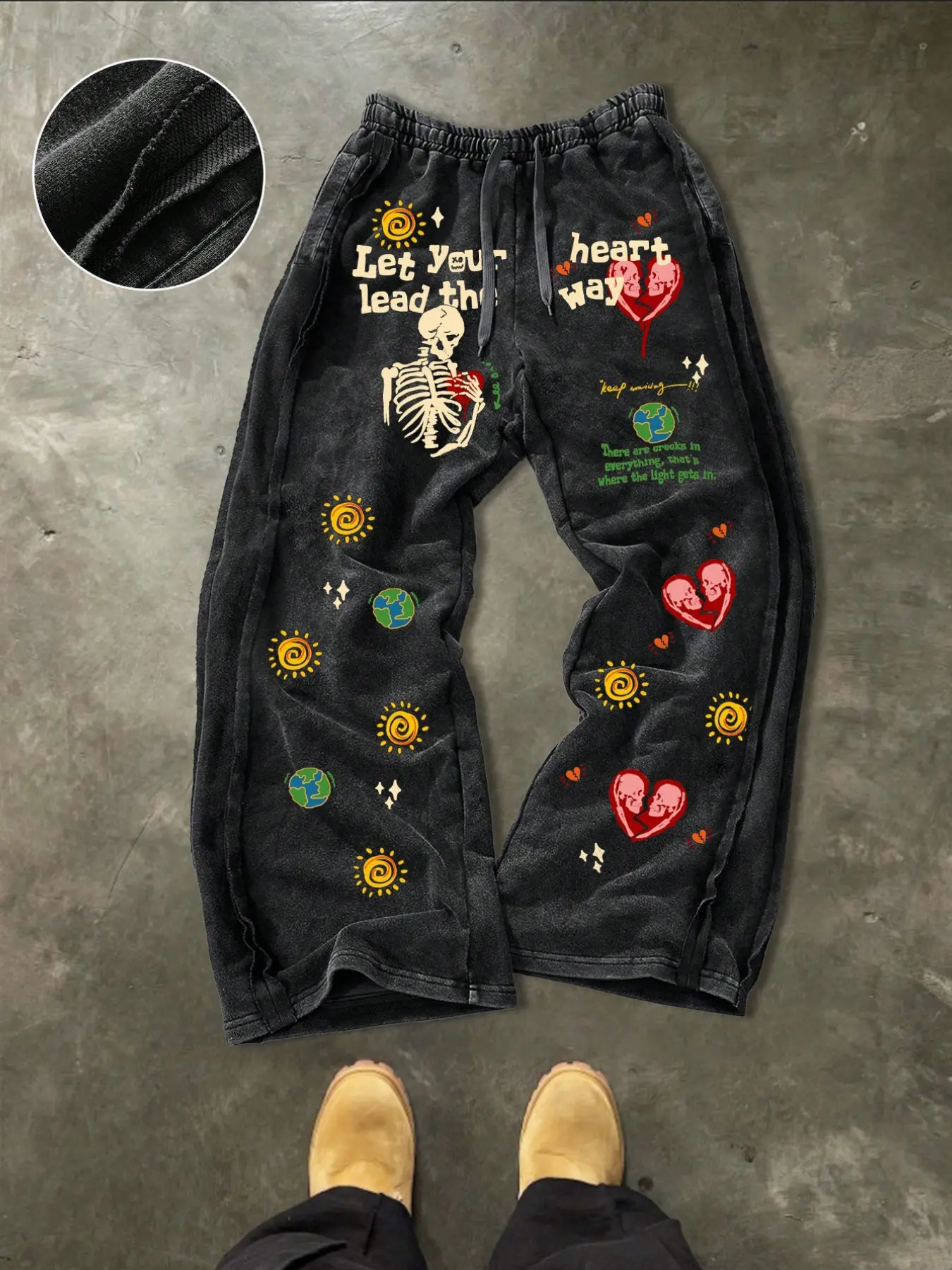 Men's Casual Loose Cotton Sport Pants, Casual Fashion Sweatpants, Casual Athletic Pants, Skull Heart Sun Graphic Print, Affirmation Sweatpants, Drawstring Waist, Fitted, Long Regular, Street Style, Ideal Gift, Adjustable Drawstring Sweatpants