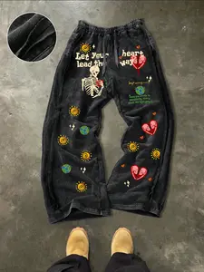 Men's Casual Loose Cotton Sport Pants, Skull Heart Sun Graphic Print, Drawstring Waist, Fitted, Long Regular, Street Style, Ideal Gift
