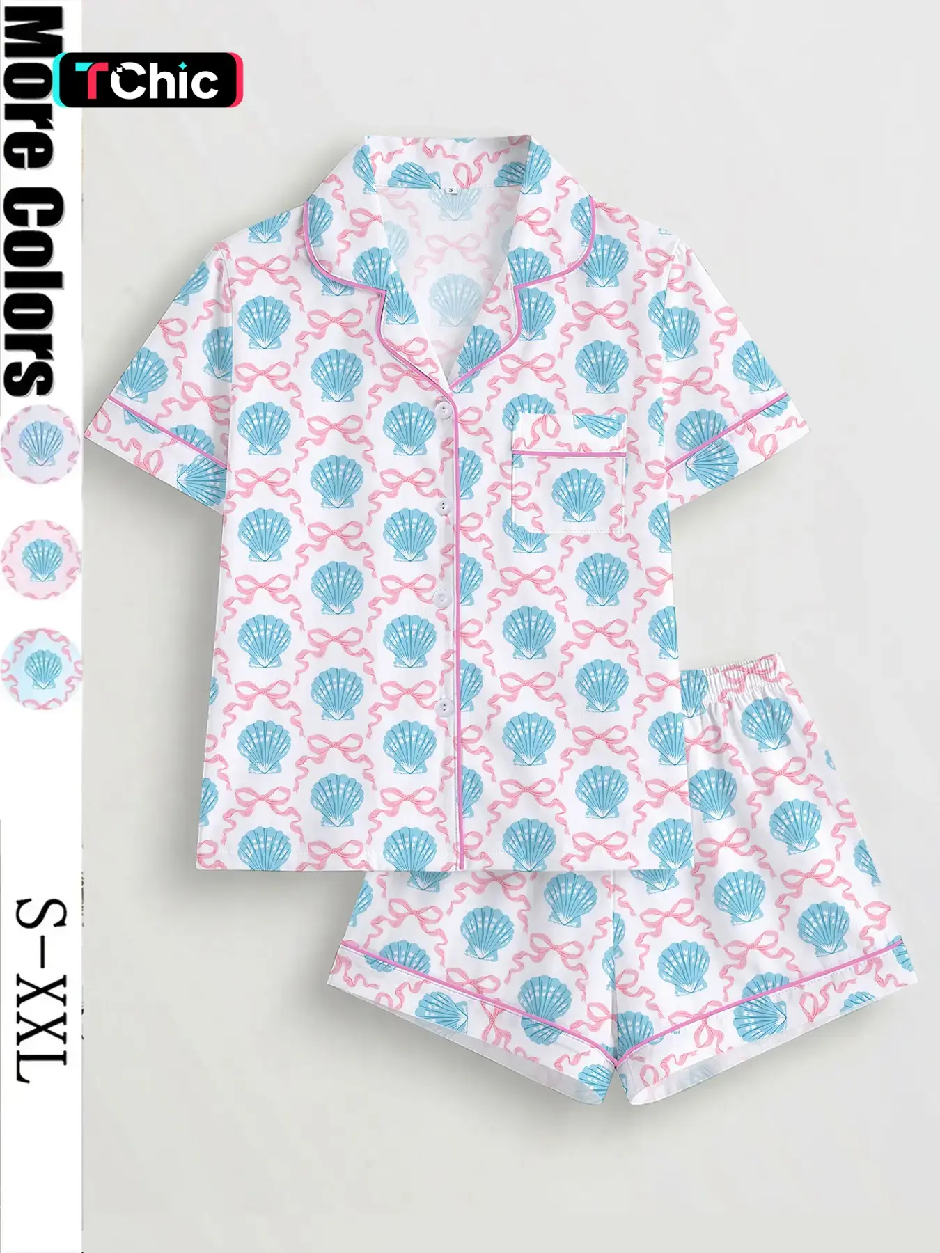 Women's 2-Piece Pajama Set, Shell Butterfly Print, Casual Fitted Top & Elastic Shorts, Comfortable Home Wear, Perfect Gift, Knit Loungewear Pajamas