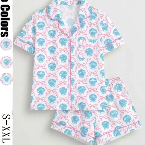 Women's 2-Piece Pajama Set, Shell Butterfly Print, Casual Fitted Top & Elastic Shorts, Comfortable Home Wear, Perfect Gift, Knit Loungewear Pajamas