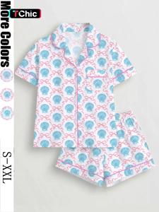 Women's Sleepwear Pajama Set, Cartoon Shell Pattern Fitted Short Sleeve Top & Elastic Shorts, Valentine's Day Gift, Casual Home Loungewear
