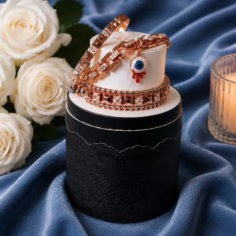 BOMB PARTY Bracelet Stack, If Looks Could Kill in Rose Gold Plating with Lab Created Stones, Adjustable Unisex Set with Removable Eyeball Charm for Halloween Aesthetic, Stacked Set, Luxe Finish, Elegant, Witchcraft Aesthetic, Metal Coating