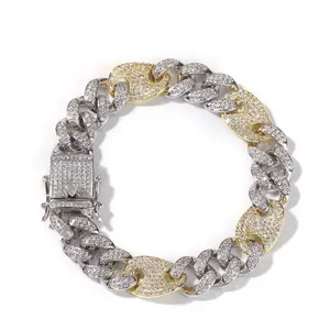 New Two-Tone 13mm Iced Out Zircon Cuban Link Bracelet| Copper Hip Hop Chain for Men & Couples| Chicano Classic Minimal Sporty Streetwear Jewelry