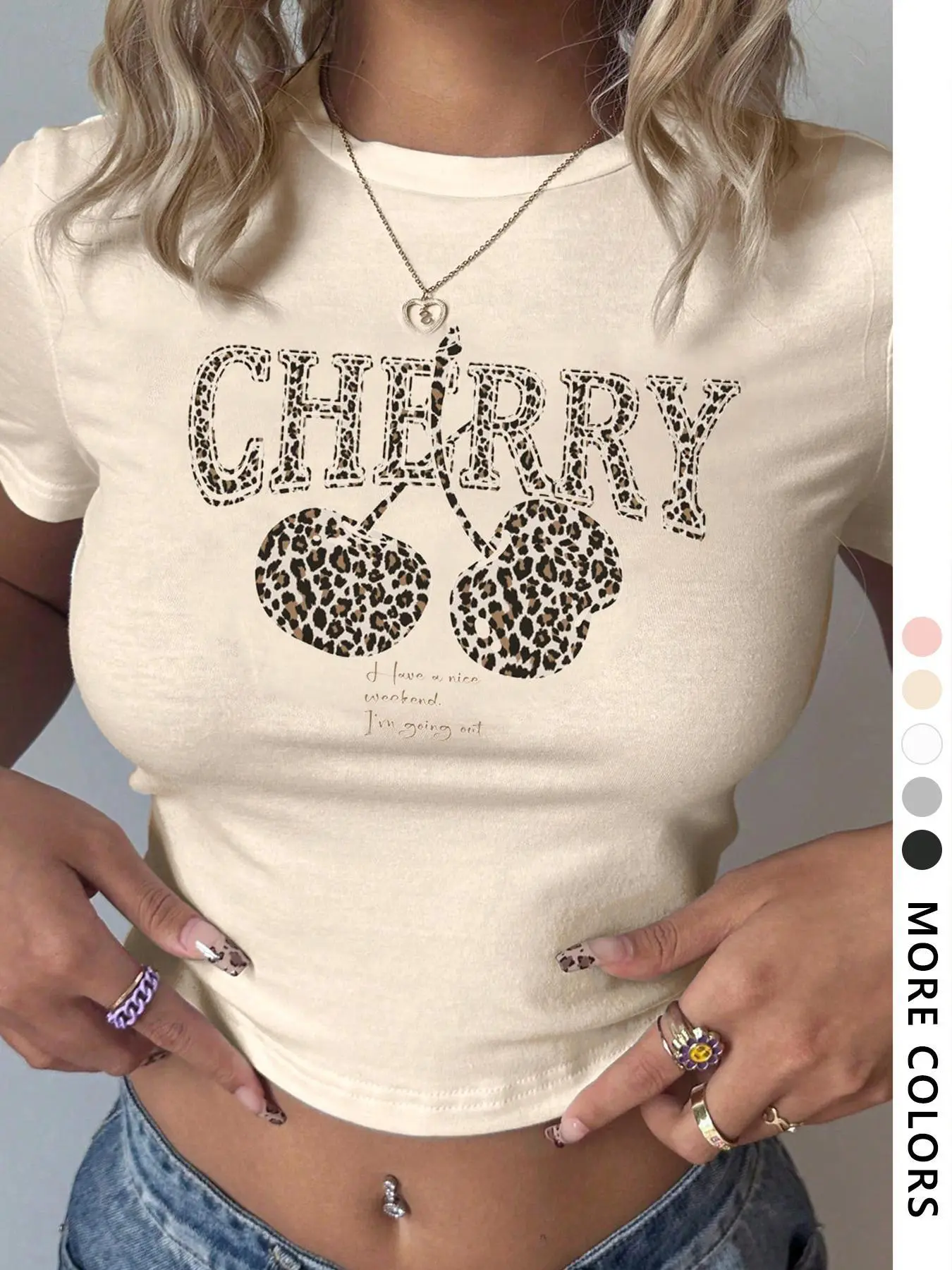 Women's Plain / Cherry & Letter Print Round Neck Crop Tee, Casual Cropped Tees, Casual Streetwear Short Sleeve Crew Neck T-shirt Fit for Summer, Fashion Women's Knit Top for Daily Wear, Cool Graphic Tee, Womenswear