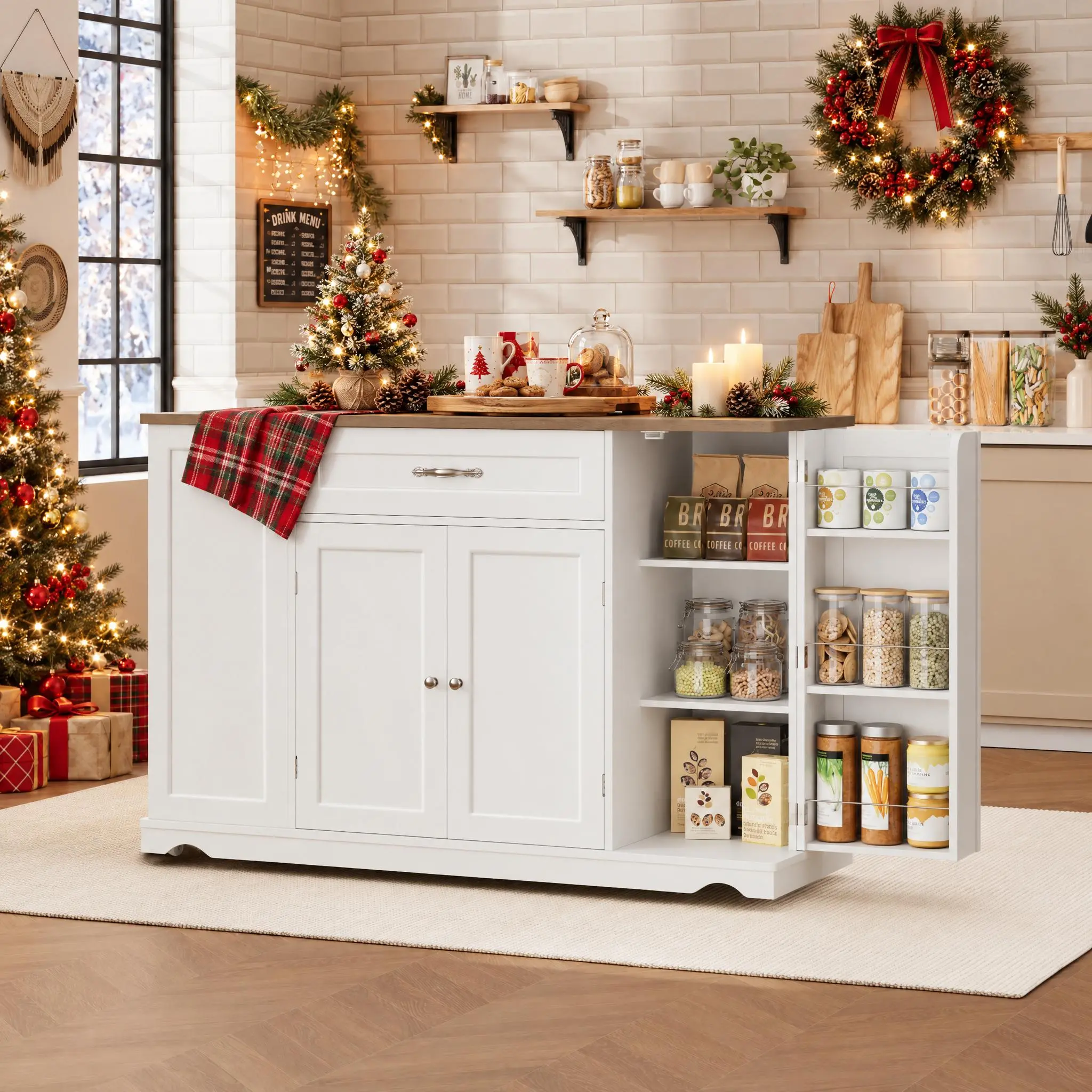 【Black Friday】HOSTACK 47" Wood Kitchen Storage Mobile Island Cart - Drawer Organizer, Modern Accent, 3-Door, Adjustable Shelves, Swivel Casters, Space Saving Furniture for Home Dining Room, Christmas Gift, Home essentials