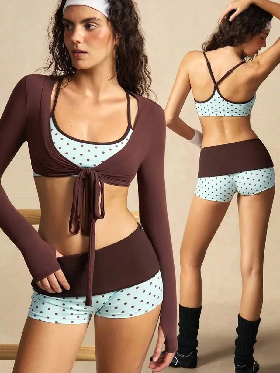 Women’s 3 Piece Workout Set, Polka Dot Sports Bra, High Waisted Shorts and Tie Front Long Sleeve Shrug for Yoga and Pilates