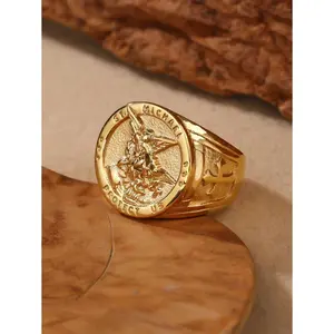 St. Michael San Miguel Gold Color Stainless Steel Ring, Archangel Michael Defeating Satan Statue Design, Stackable Daily Casual Fashion Jewelry for Women and Men, Ideal Christmas Commemorative Soulmate Gift