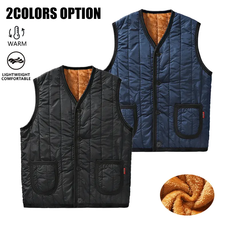 Men’s fleece-lined vest for winter, cold-resistant and warm, V-neck buttoned design, sleeveless vest suitable for wearing under or over clothing