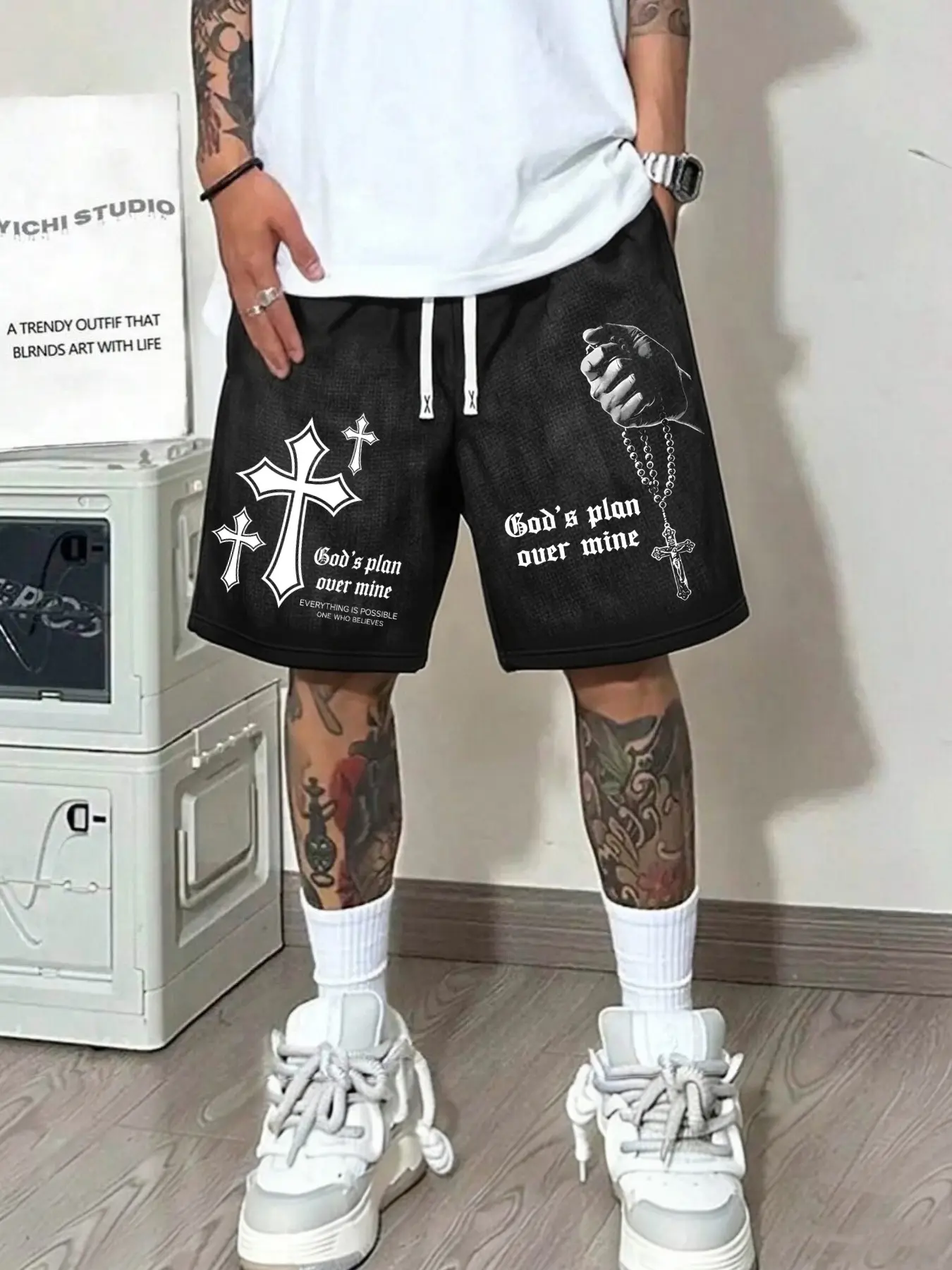 Men's Casual Shorts God's Plan Beats Mine Print Streetwear Gothic Cross & Beads Drawstring Waist Summer Hip Hop Religious Style