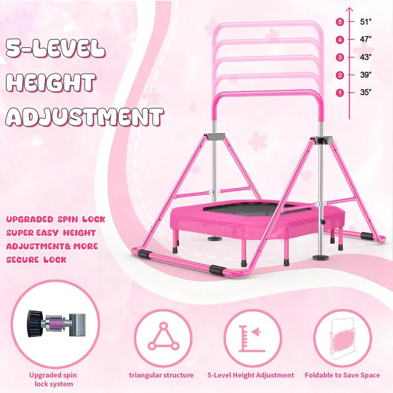 Safly Fun Foldable Gymnastics Bar with Trampoline for Kids, Adjustable 35"-51", Sturdy 145 lbs Capacity, Easy-to-Assemble, Gymnastics Equipment for Kids for Indoor/Outdoor Training