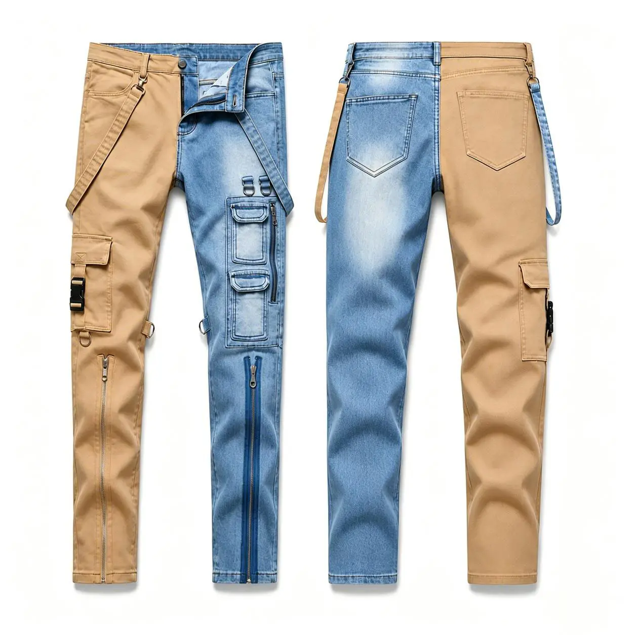 Men's Straight-Leg Loose-Fit Non-Stretch Long Denim Workwear Jeans - Contrast Zipper, Multi-Functional Cargo Pockets, Beige Fabric Clothes for Casual Streetwear, Halloween, Christmas