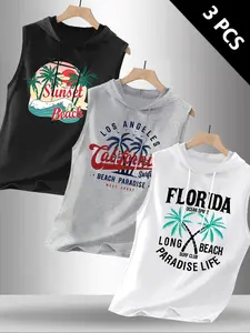 Men's 3-Piece Coconut Tree Tropical Graphic Print Hooded Sleeveless Printed T-Shirt Set, Casual Comfortable Hoodie Vest for Summer Outdoor Fitness