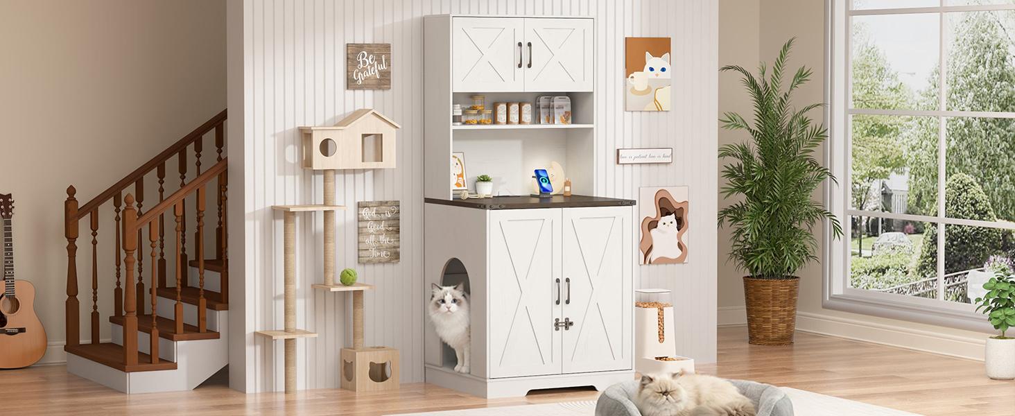 71" Tall Wooden Cat Litter Box Enclosure | Power Outlets + Open Shelves + Locks | Hidden Pet Washroom Cabinet (Brown, Living Room/Bedroom)