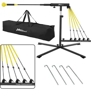 Baseball Swing Trainer with 5 Power Bands,Height Adjustable 31- inches Baseball Hitting Trainer, Auto Reset Baseball  Equipment Softball Swing Trainer with Metal Stakes & Carry Bag