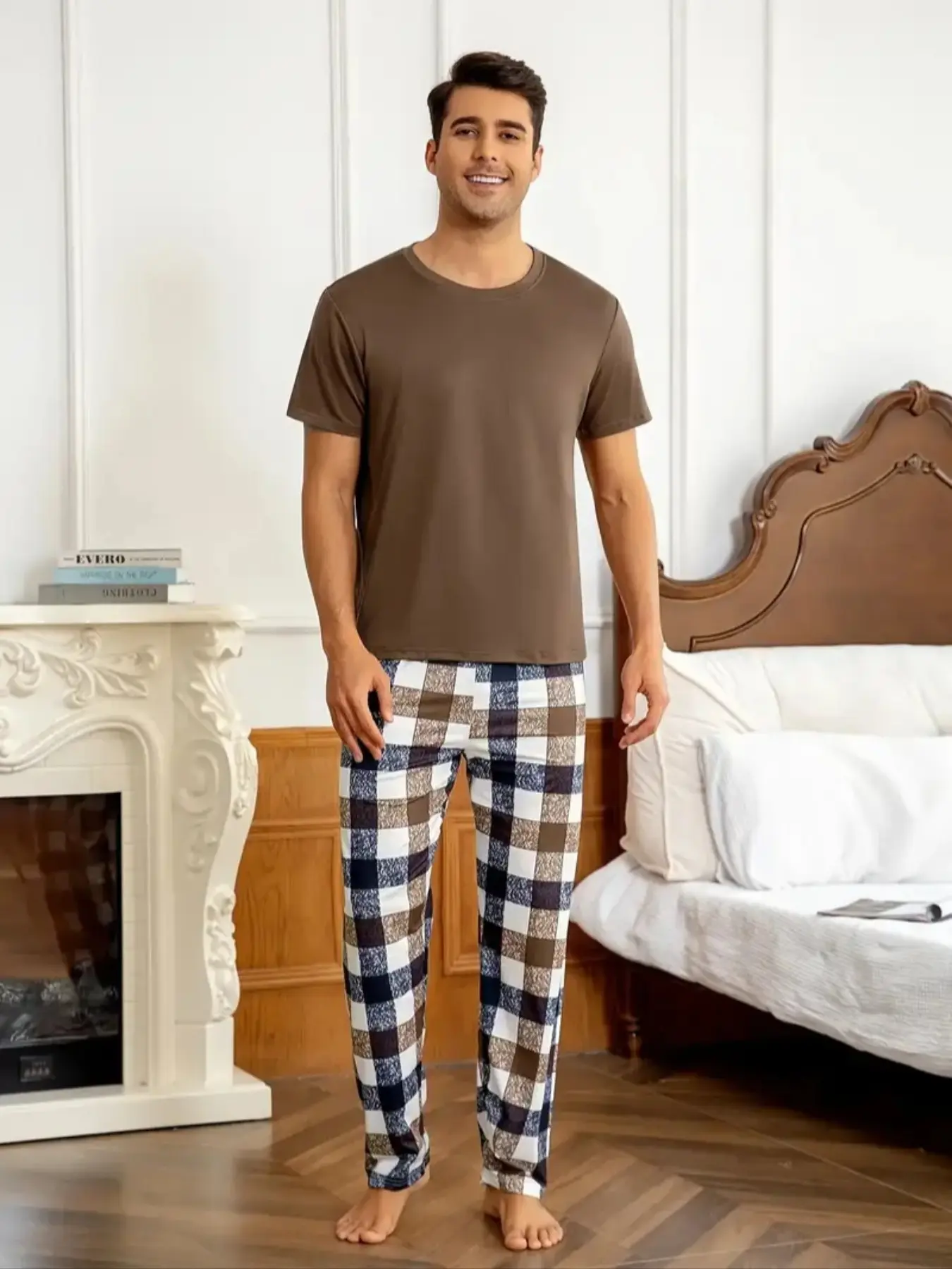 Men's Summer Knit Pajama Set, Casual Thin Checked Plaid Sleep Pants with Solid Color Round Neck Top, Wearable Lightweight Loungewear for Men, Nightwear Pjs, Home Sleepwear, Indoor Sleepwear