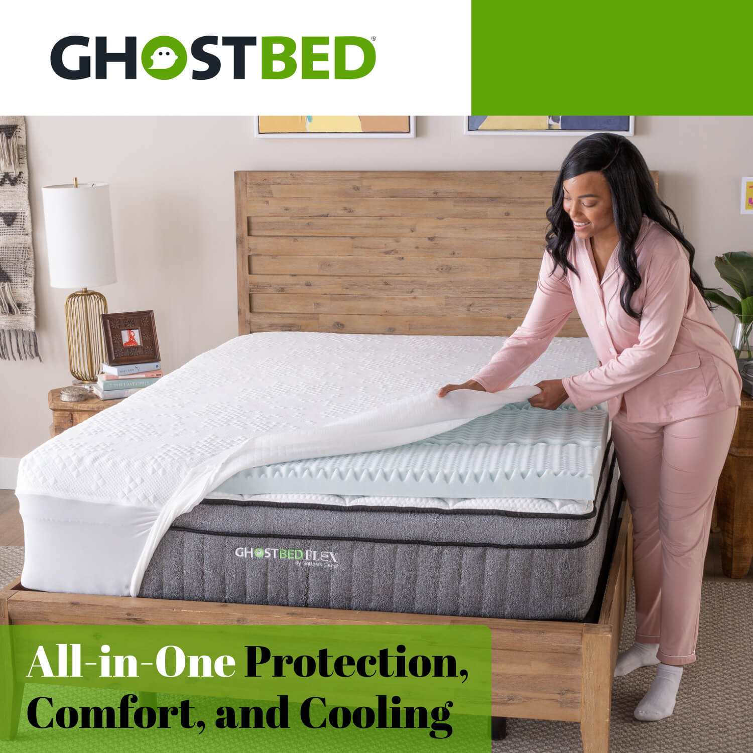 GhostBed Memory Foam Mattress Topper - Cooling Gel Memory Foam Plus Water-Resistant Protector Elastic Cover