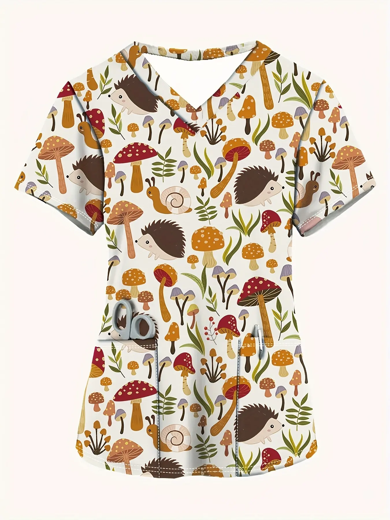 Women'S Stylish Short-Sleeve V-Neck Top Featuring a Cute Hedgehog And Mushroom Print, Perfect for Casual Comfort As a Nurse Uniform with Pockets