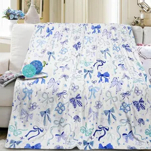 Blue Bow Blanket Soft Cozy Lightweight Throw Blanket for Couch Sofa Bed Living Room Home Blue Decor for Boys Girls Kids Adults Gift