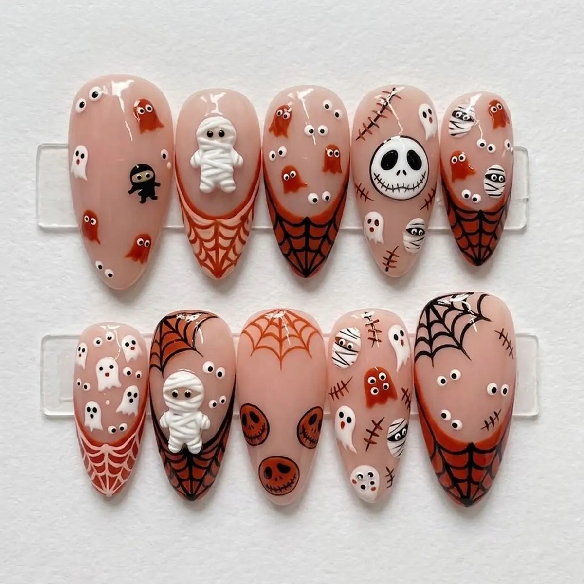 3D Cute Mummy Halloween Press-On Nails, Almond-Shaped Luxury Sheer Nude Fake Nails with Spiderweb Tip Accent