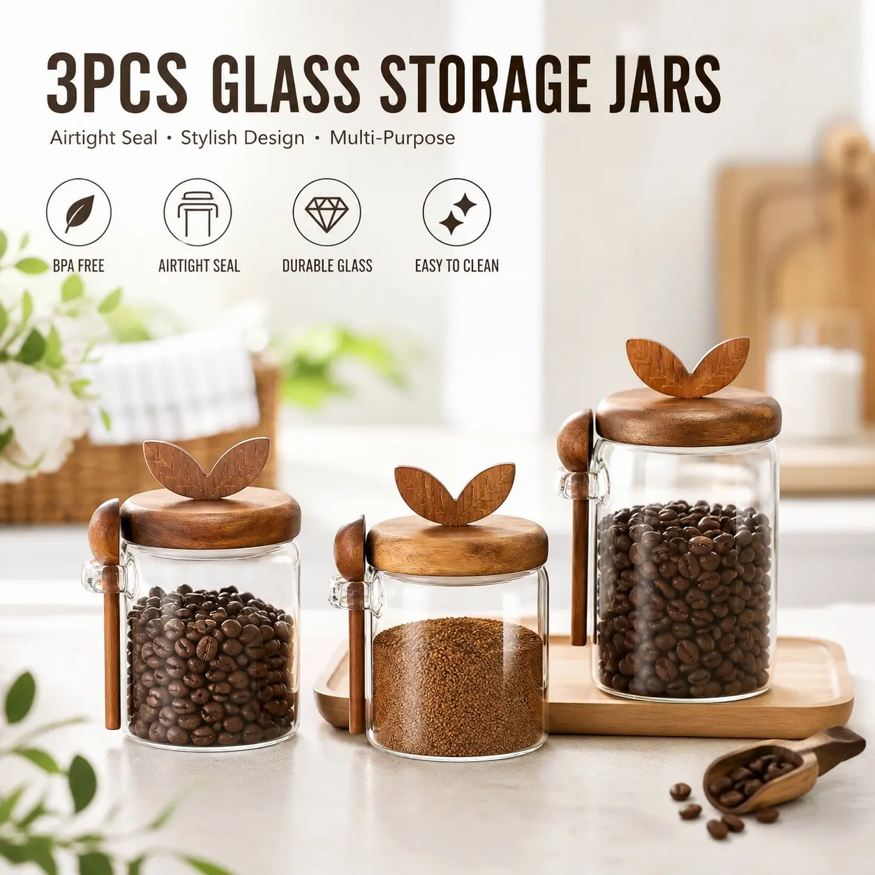 3PCS Transparent Kitchen Glass Storage Jars, Airtight Seal, Stylish Design, Multi-Purpose, BPA-Free, Durable, Easy-to-Clean Coffee Bean Organiser Canisters