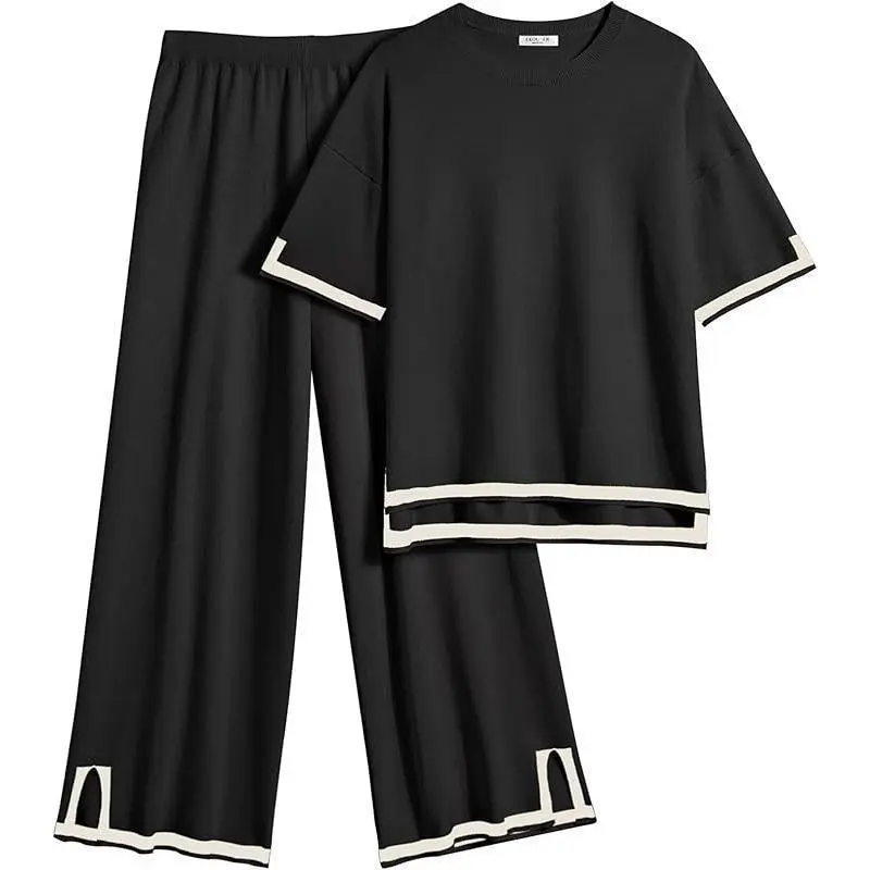 Women's 2-Piece Knit Loungewear Set - Short Sleeve Sweater, Wide Leg Pants, Comfy Lounge Set for Women, Home Outfits, Athleisure Travel Outfit