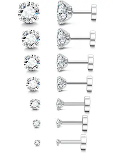 7 Pairs Unisex Silvery Birthstone CZ Flat Back Cartilage Stud Earrings Set for Women Men Stainless Steel Sturdy Construction Exceptional Hypoallergenic Performance Long-lasting Wear for Everyday Prolonged Use Shimmering Zirconia Delicate Birthstone Tones