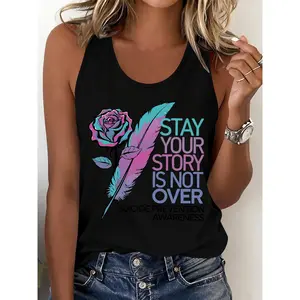 Women's Cool Spring/Summer Tank Top, Rose Print Sleeveless Vest with Inspirational Slogan Suicide Prevention Awareness Top