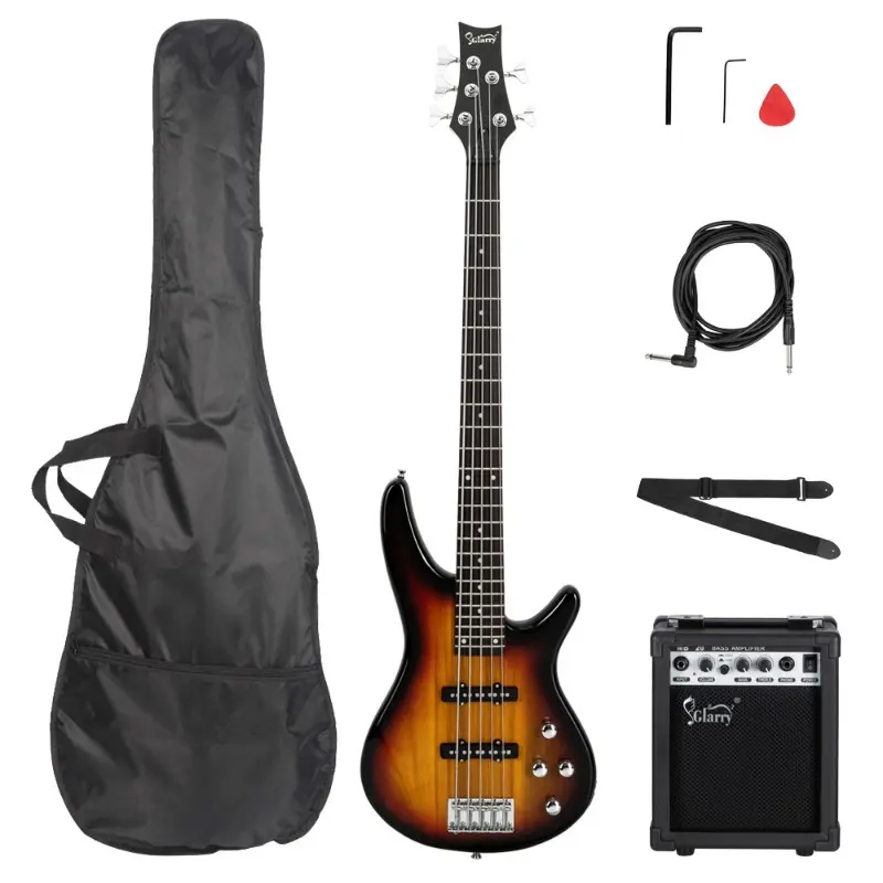 GIB Full Size 5-String Right-Hand Electric Bass Guitar - Basswood Body, Brazilian Rosewood Fretboard, SS Single Coil Pickups, Jazz Tone, Sunset Color, Adjustable Bridge, Amplifier Kit, Gig Bag, Strap & Accessories for Experienced Players, Glarry
