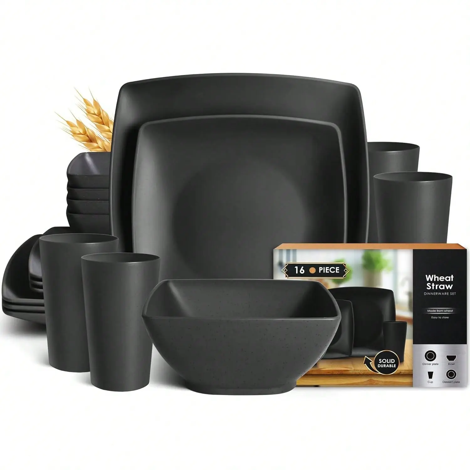 16-Piece Kitchen Plastic Wheat Straw Dinnerware Set, Service for 4, Unbreakable Modern Dish Set - Dinner Plate/Dessert Plate/Cereal Bowl/Cup, for Apartment Essentials, Outdoor Camping, Black