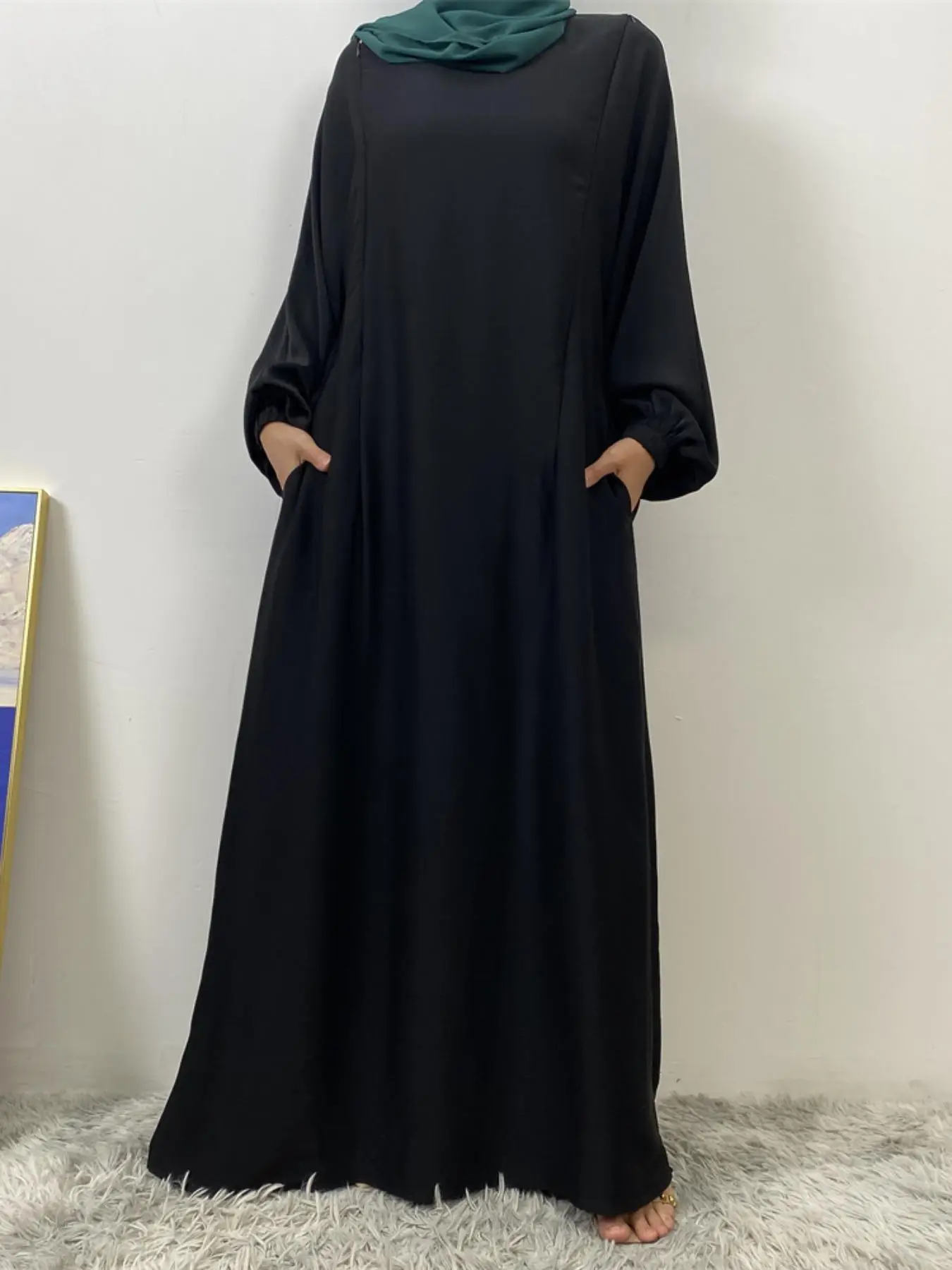 Women's Solid Color Zip Up Modest Dress without Hijabs, Modest Long Sleeve Round Neck Dress for Daily Wear, Ladies Clothes for All Seasons