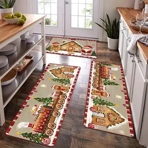 Christmas Gingerbread Man Christmas Tree Snow House Print Long Kitchen Rug Mat, Creative Trendy Fashion Luxurious Washable Non-Slip Carpet
