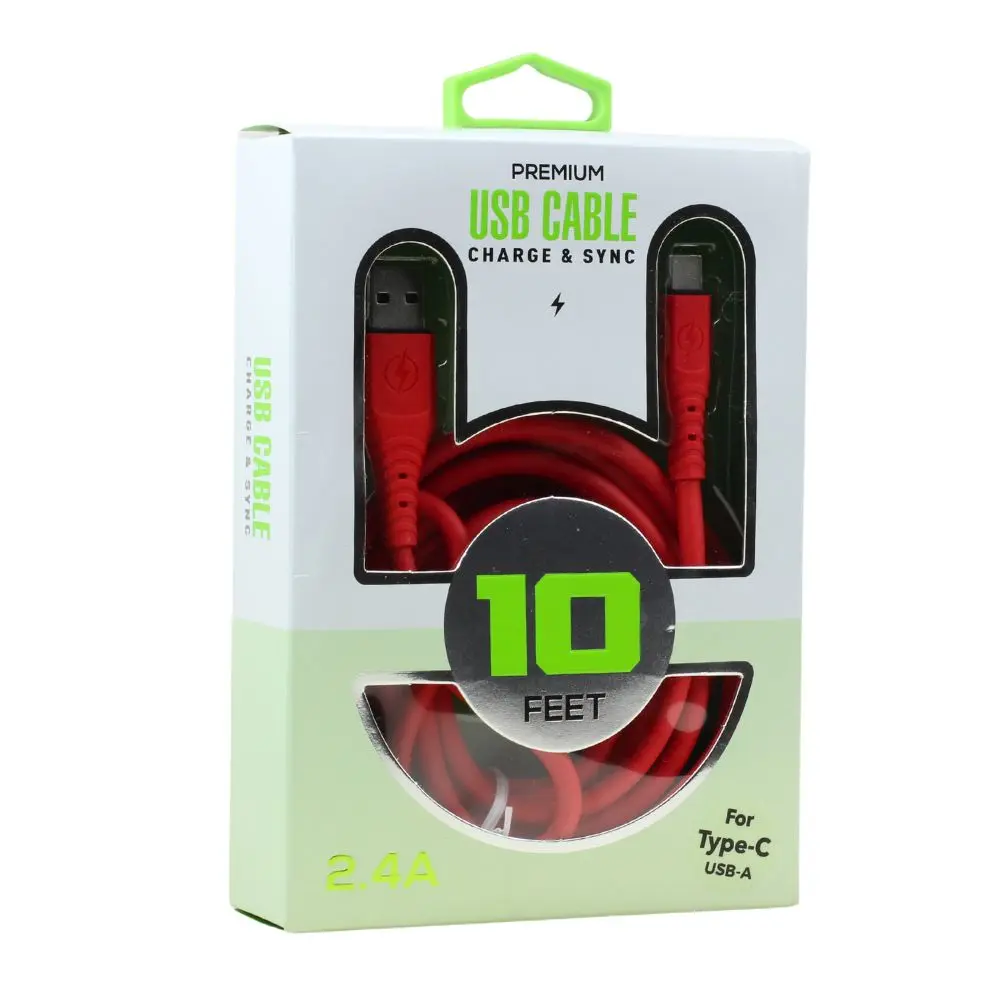 Type C / USB-C 2.4A Heavy Duty Strong Soft Flexible Silicone 10FT Charge and Sync USB Cable, Fast Charging & Data Transfer, Durable 5.0mm OD Long Cable
