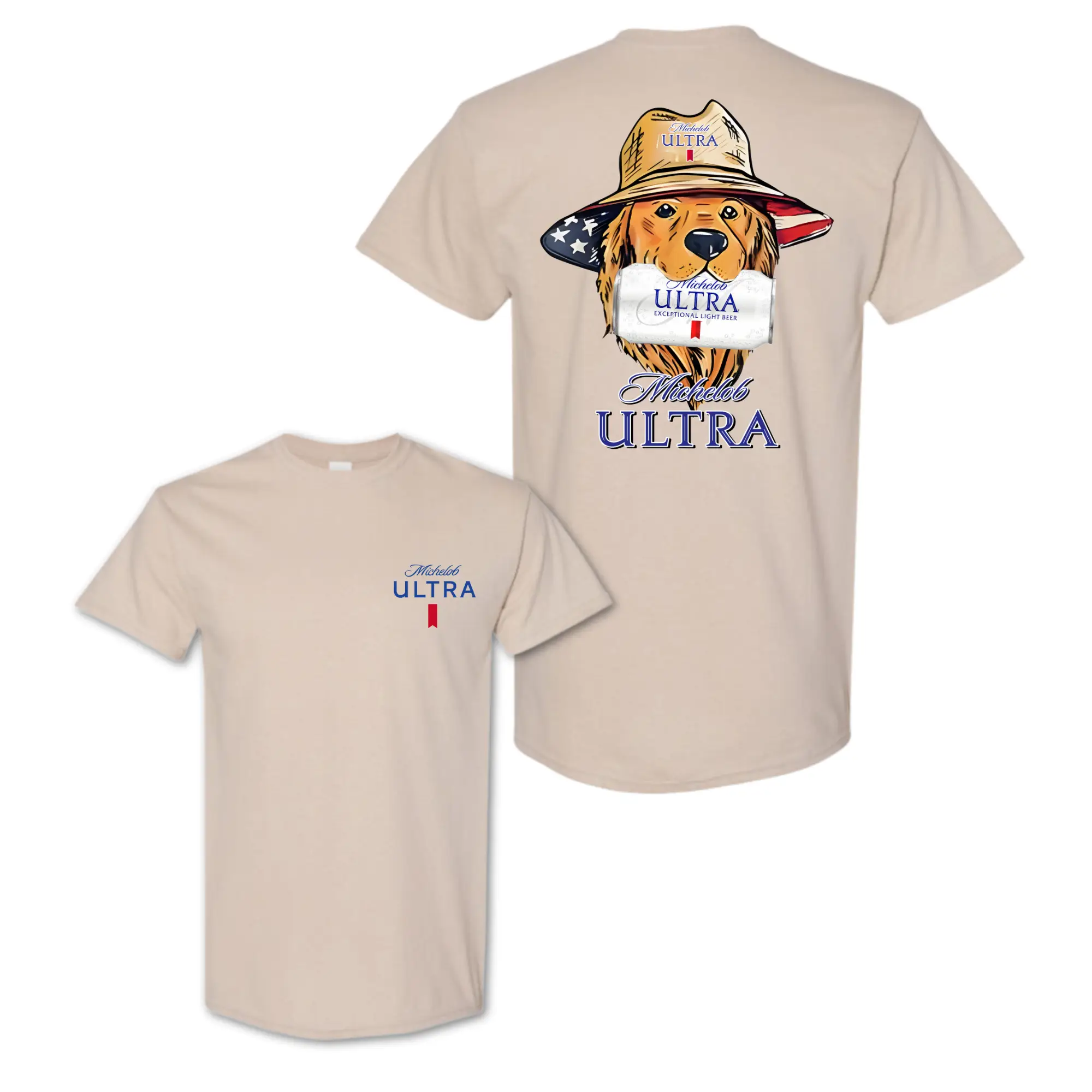 Michelob Ultra Golden Retriever T-Shirt, Dog in Hat Graphic, Beer Drinking Shirt, Patriotic Design, for Men and Women