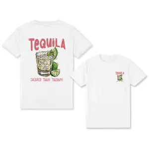 Double-Sided Printed T-Shirt Featuring a Fresh Summer Island Theme with Tequila And Lemon Graphics, Designed for Women with a Loose Fit And Round Neck