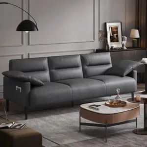 83" Faux Leather Couch, Upholstered 3 Seater Sofa with Pillows, Solid Wood Frame Leather Sleeper Sofa with Metal Legs& Side Pocket, Mid Century Sofa Couches for Living Room, Bedroom, Office