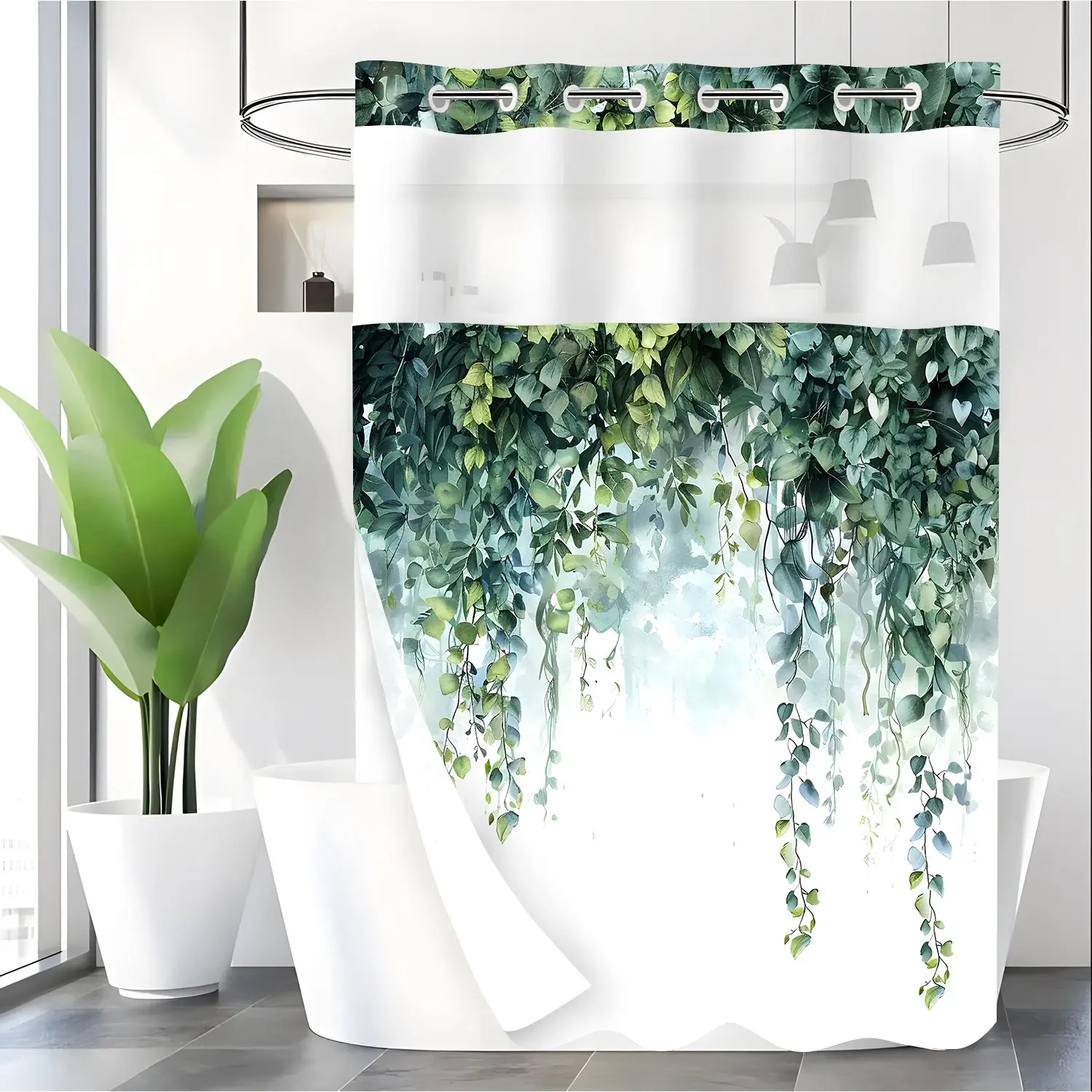 LVRLVR 1pc Watercolor Green Vines Tropical Shower Curtain Print with Sheer Top Window, Detachable Liner & No Hook C-Ring, 70.8" x 74", Summer Shower Curtains for Bathroom