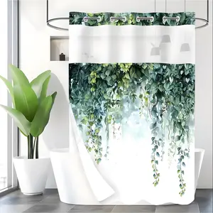 LVRLVR 1pc Watercolor Green Vines Shower Curtain with Sheer Top Window, Detachable Liner & No Hook C-Ring, 70.8" x 74"