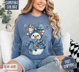 Denim Snowman Comfort Colors Long Sleeve T-Shirt, Cute Women's Winter Tee