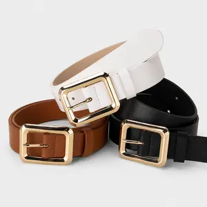 Women’s Gold Buckle Belt, 3cm Wide PU Leather Waist Belt with Polished Alloy Buckle, Elegant Adjustable Belt for Jeans, Dresses & Daily Outfits