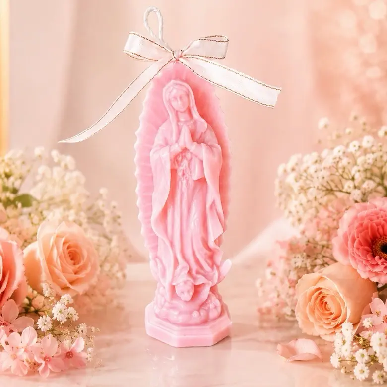 Virgin Mary Candle with Elegant Bow Design for Religious Décor and Home Blessing
